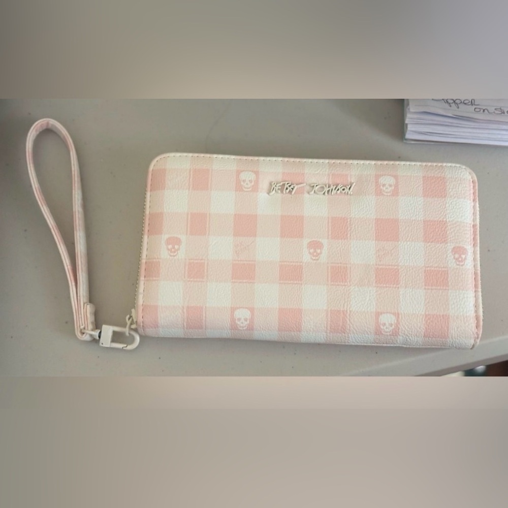 Betsey Johnson Pink & White Gingham Skull Zip Wallet